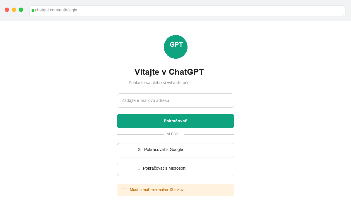 Registračná stránka ChatGPT s možnosťou prihlásenia cez Google alebo Microsoft
