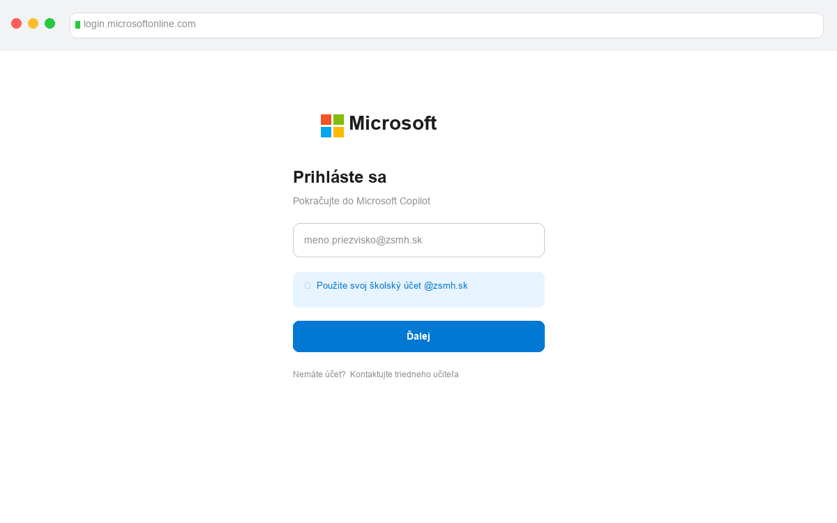 Prihlasovacia obrazovka Microsoft Copilot so školským účtom
