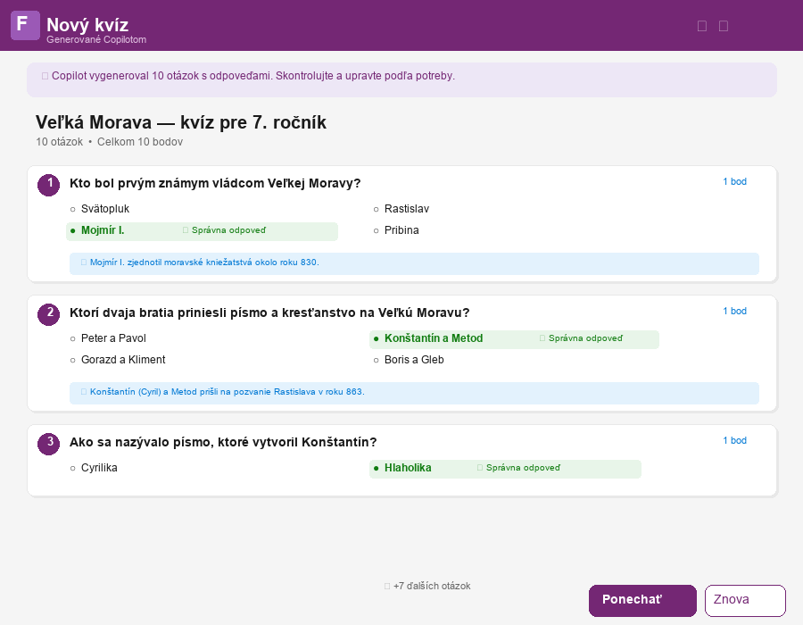 Náhľad AI-generovaných otázok so správnymi odpoveďami