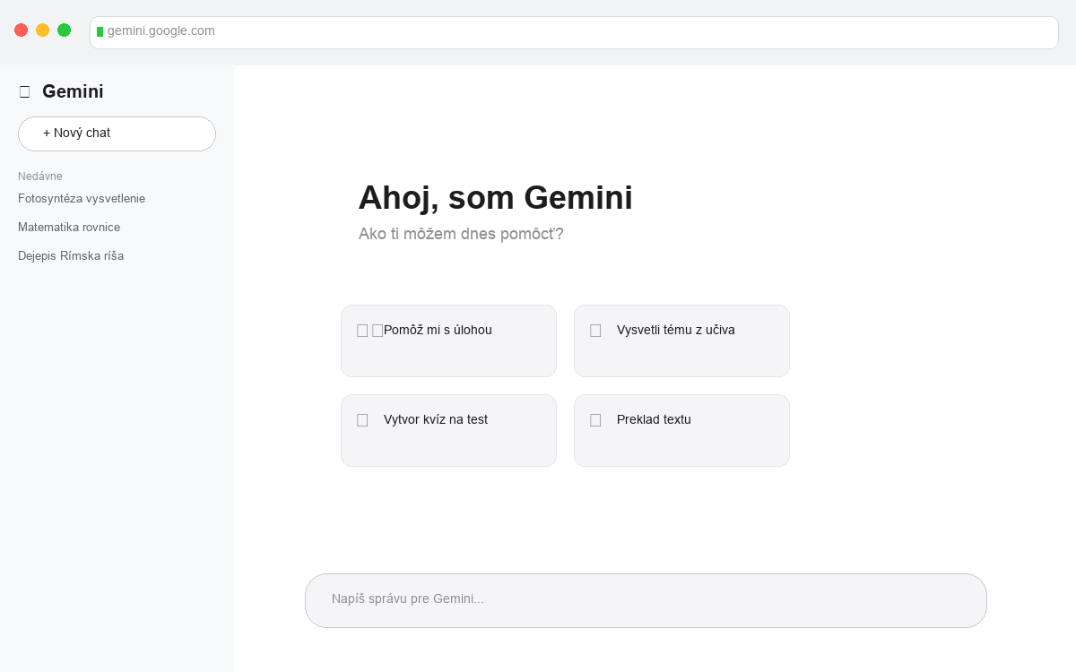Rozhranie Google Gemini s ukážkou konverzácie o príprave hodiny