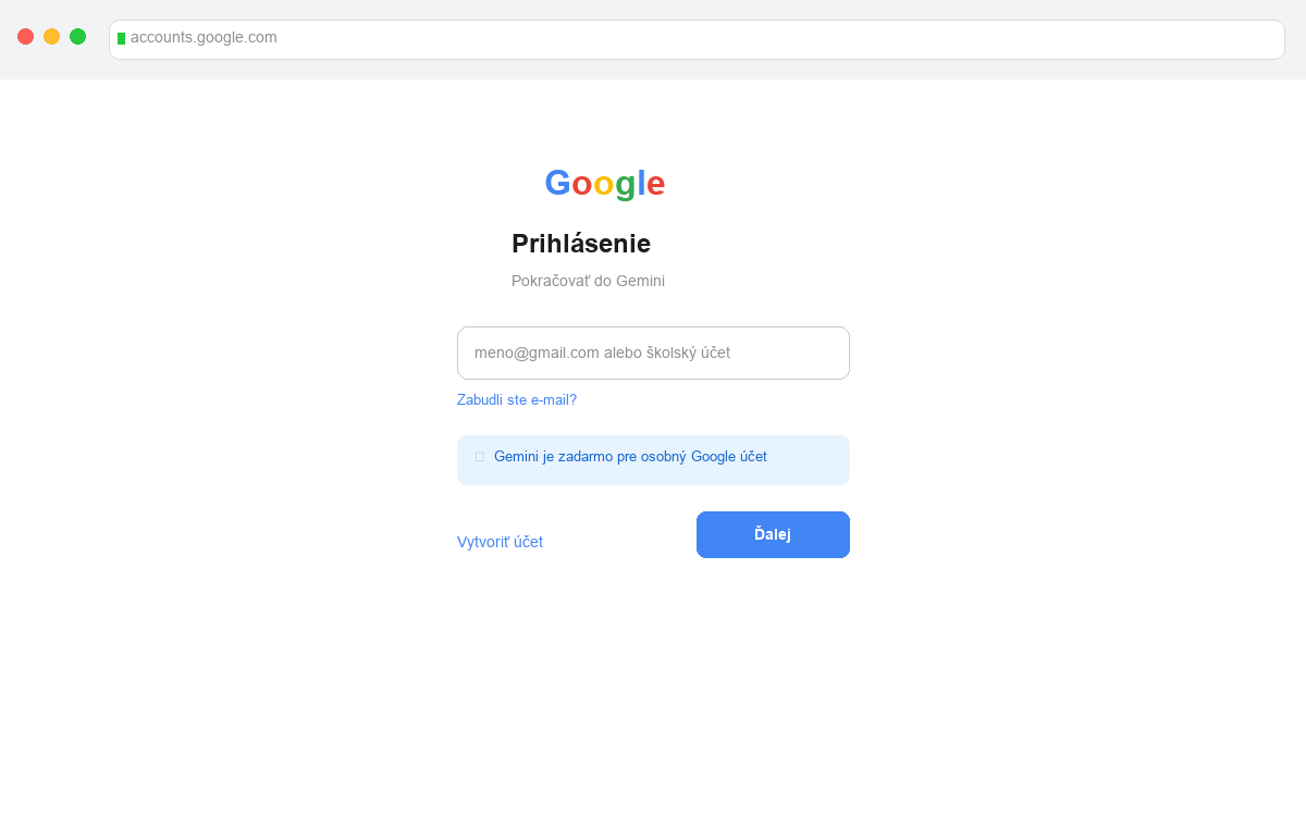Prihlasovacie okno Google Gemini